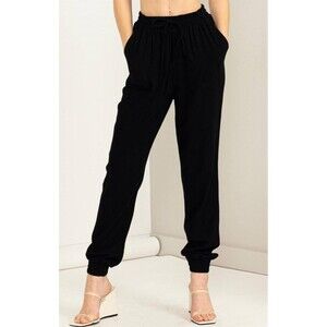 Anytime Black Linen Drawstring Jogger Pants
